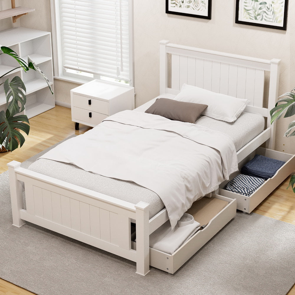 Artiss Bed Frame King Single Size Wooden Platform with 2 Storage Drawers White RIO - Homecoze