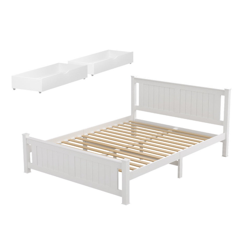 Artiss Bed Frame Queen Size Wooden Platform with 2 Storage Drawers White RIO - Homecoze