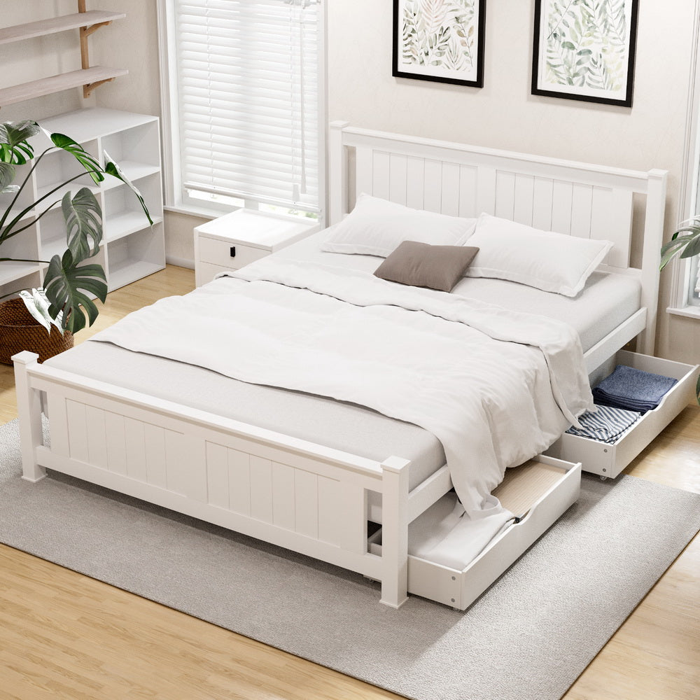 Artiss Bed Frame Queen Size Wooden Platform with 2 Storage Drawers White RIO - Homecoze