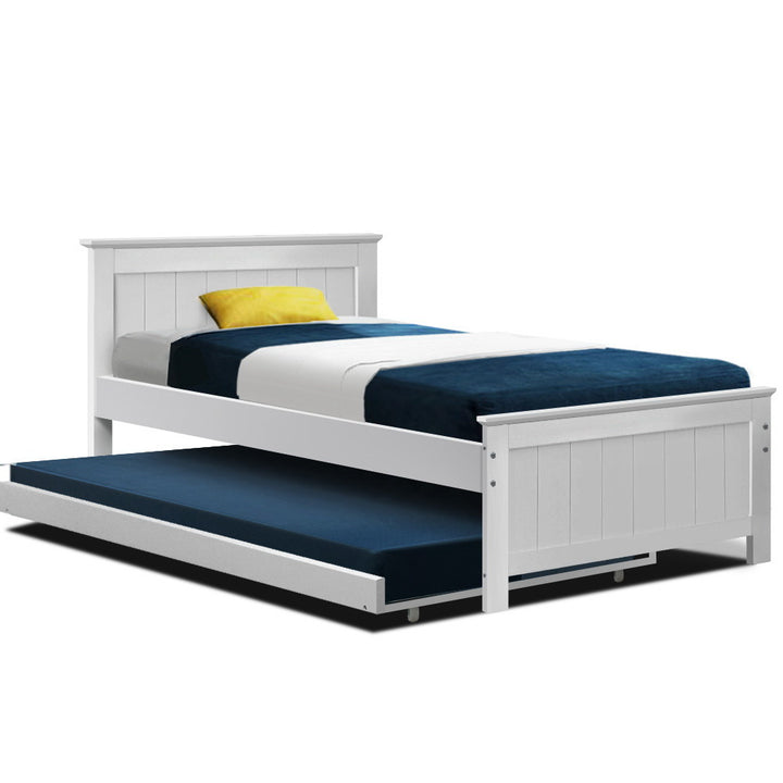 Kids King Single Timber Bed Frame with Trundle - White