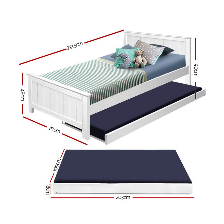 Kids King Single Timber Bed Frame with Trundle - White