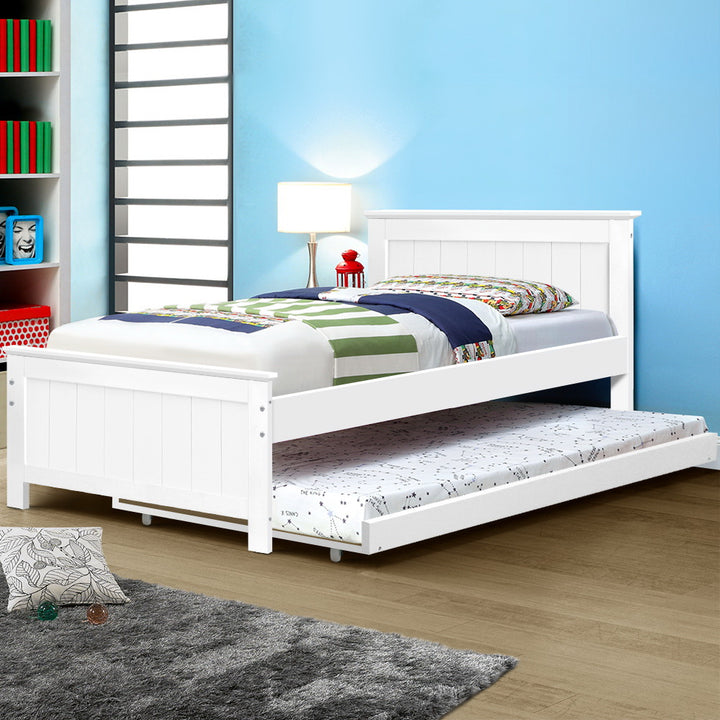 Kids King Single Timber Bed Frame with Trundle - White