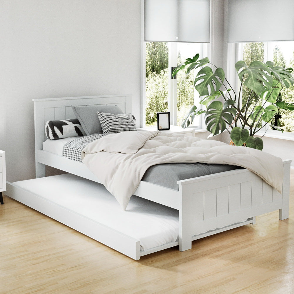 Kids King Single Timber Bed Frame with Trundle - White - Homecoze