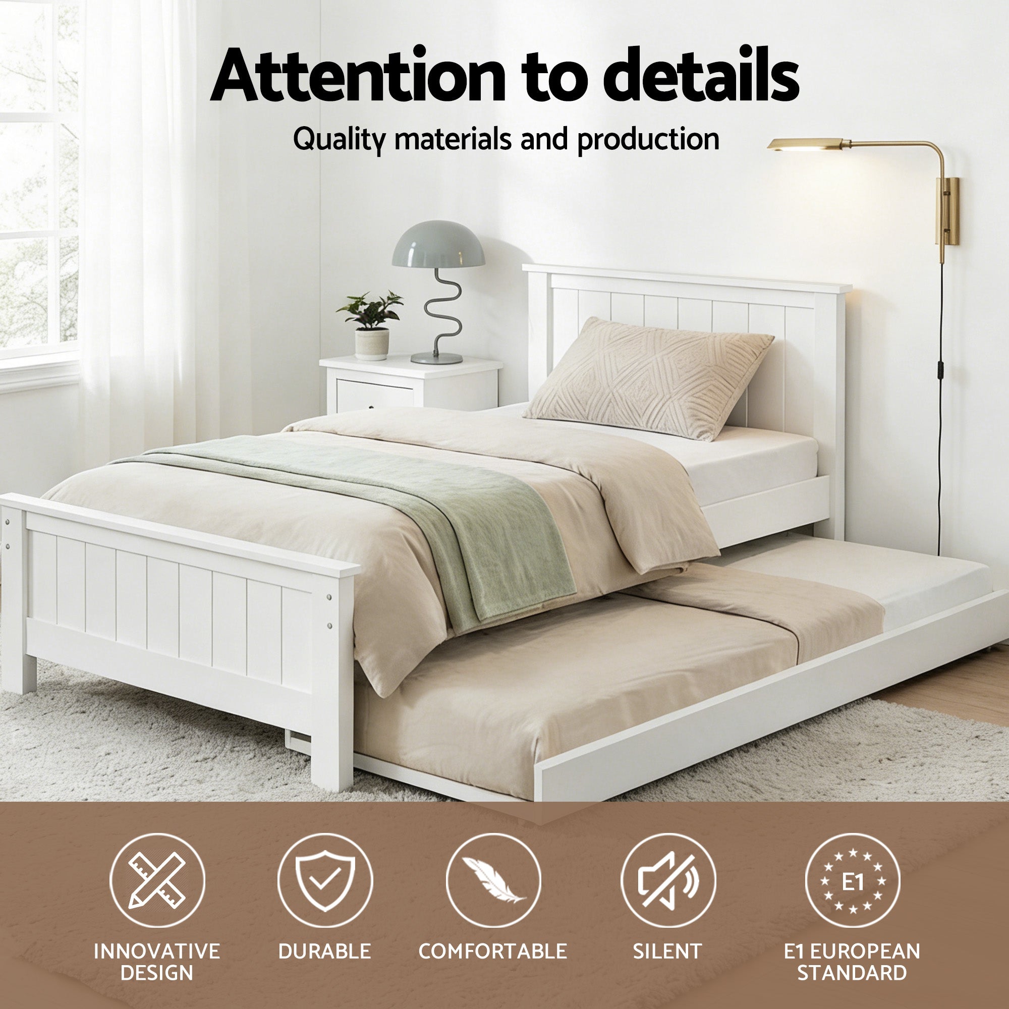 Brock (King Single) Trundle Bed Frame - White - Homecoze
