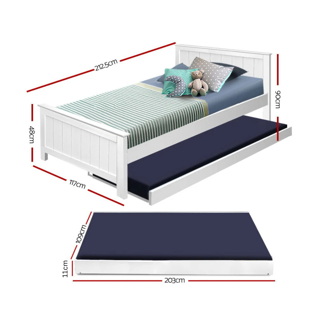 Kids King Single Timber Bed Frame with Trundle - White