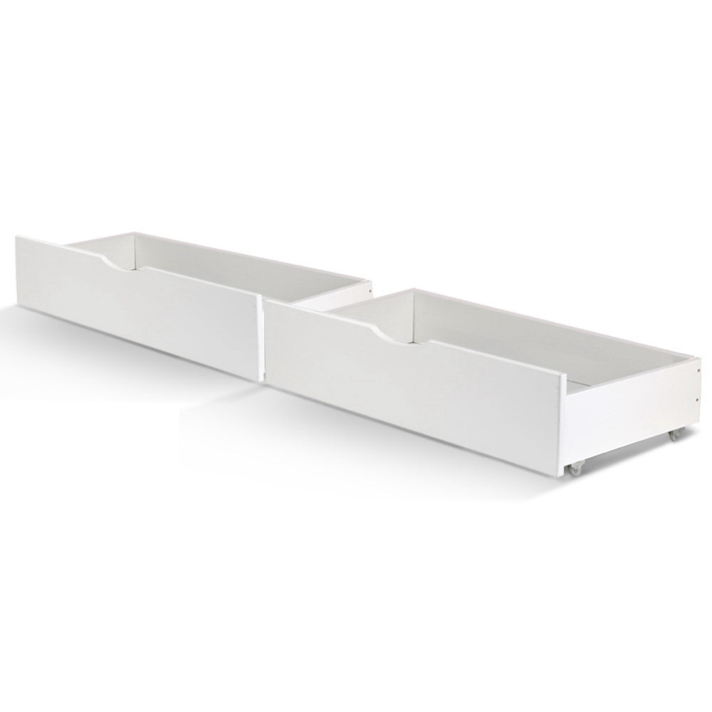 2 x Storage Drawers Trundle for Classic Wooden Bed Frame - White