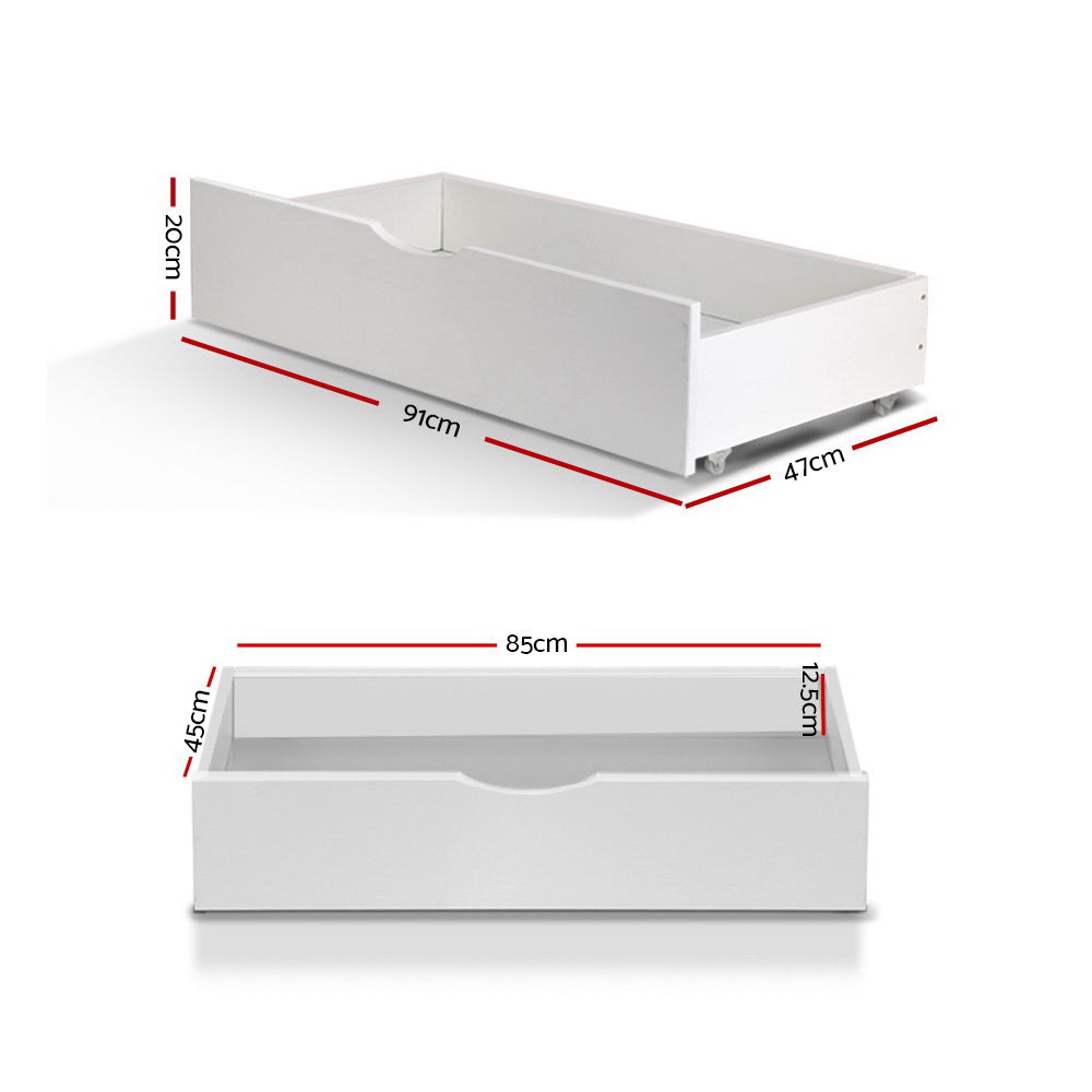2 x Storage Drawers Trundle for Classic Wooden Bed Frame - White - Homecoze