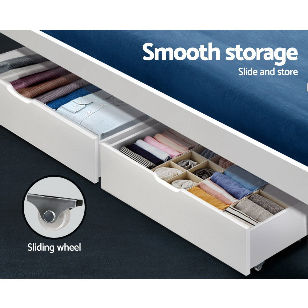 2 x Storage Drawers Trundle for Classic Wooden Bed Frame - White - Homecoze