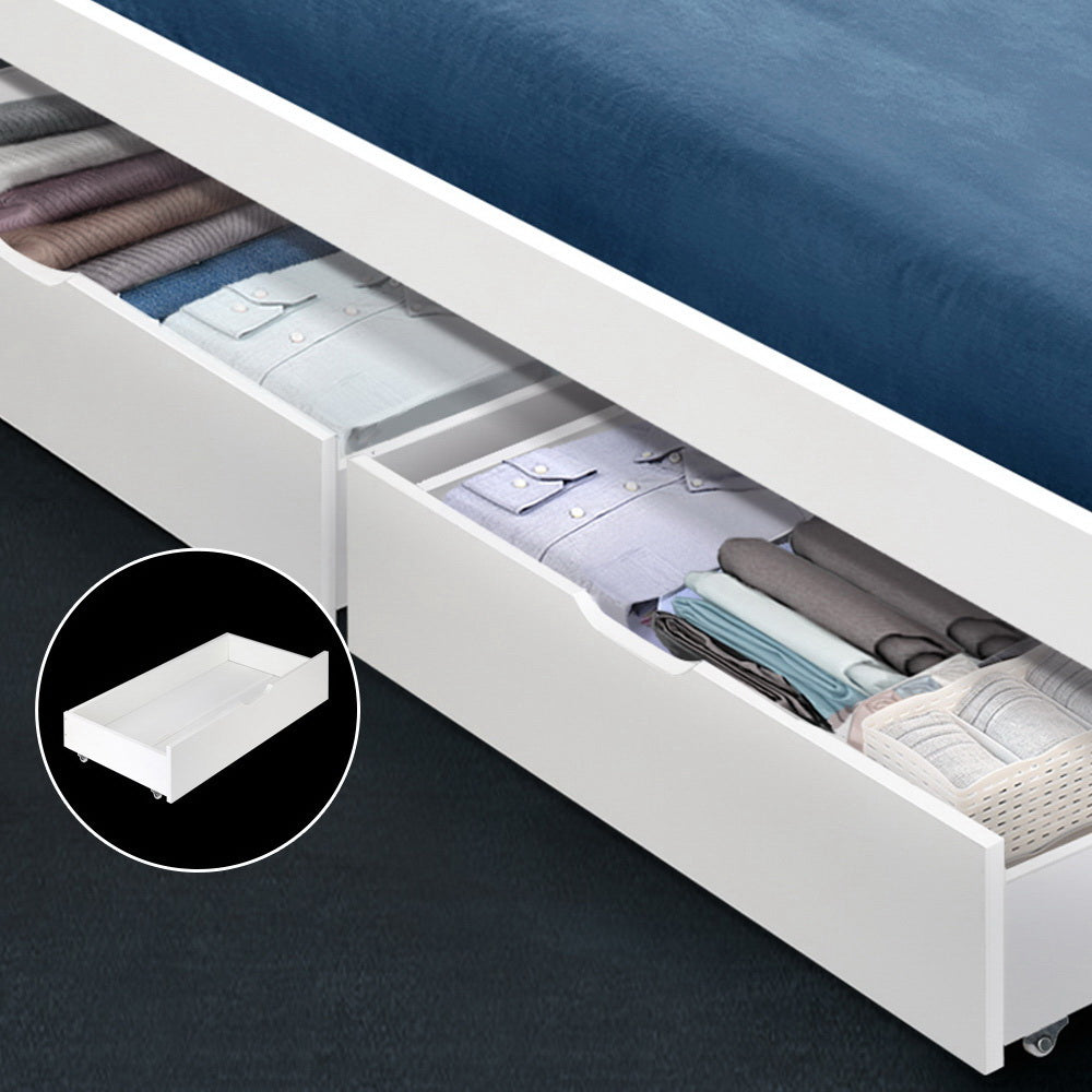 2 x Storage Drawers Trundle for Classic Wooden Bed Frame - White - Homecoze