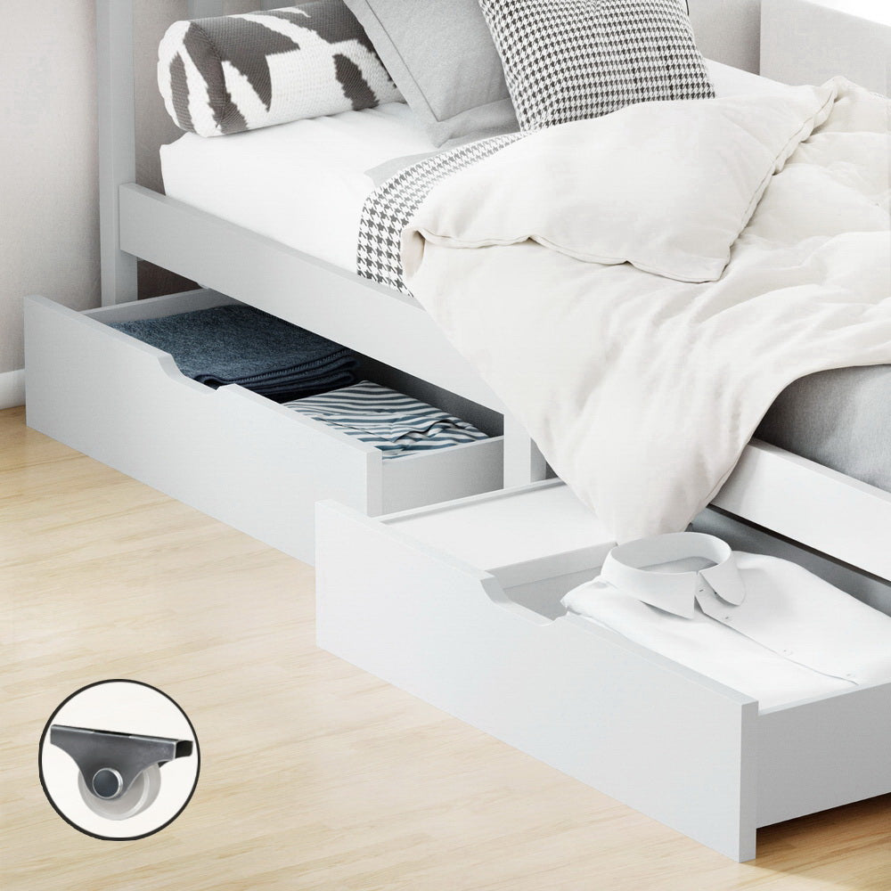 2 x Storage Drawers Trundle for Classic Wooden Bed Frame - White - Homecoze