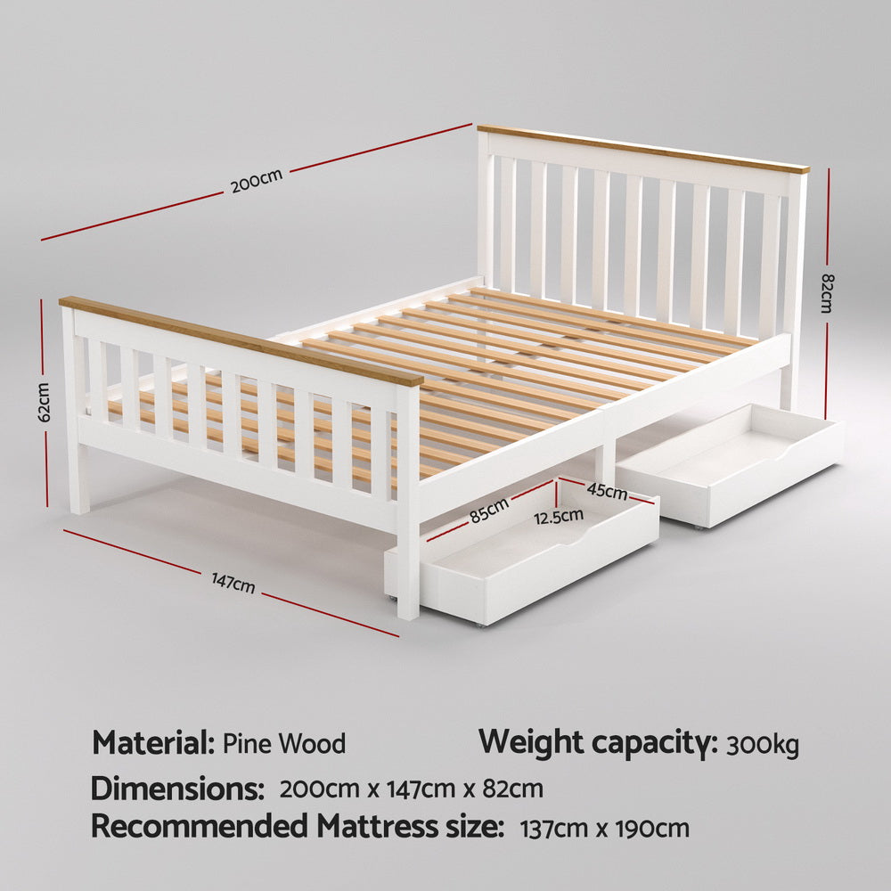 Artiss Bed Frame Double Size Wooden Platform with 2 Storage Drawers White PONY - Homecoze
