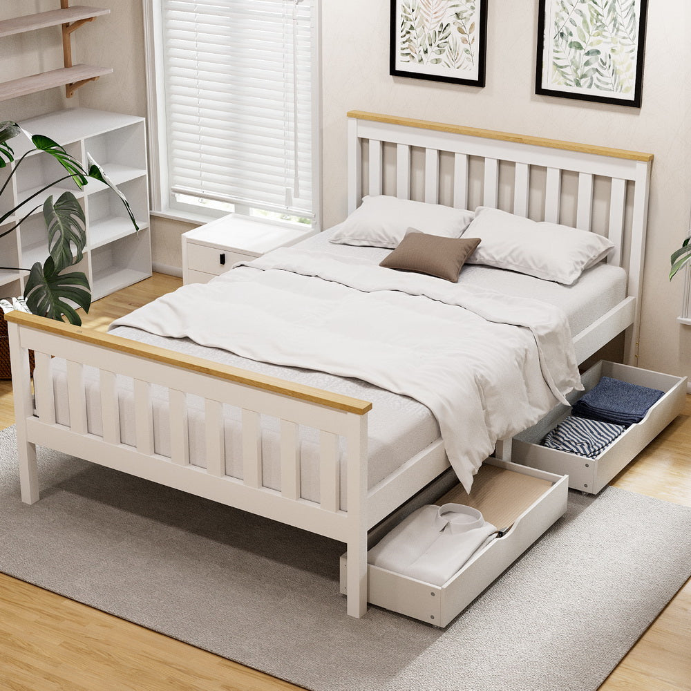 Artiss Bed Frame Double Size Wooden Platform with 2 Storage Drawers White PONY - Homecoze