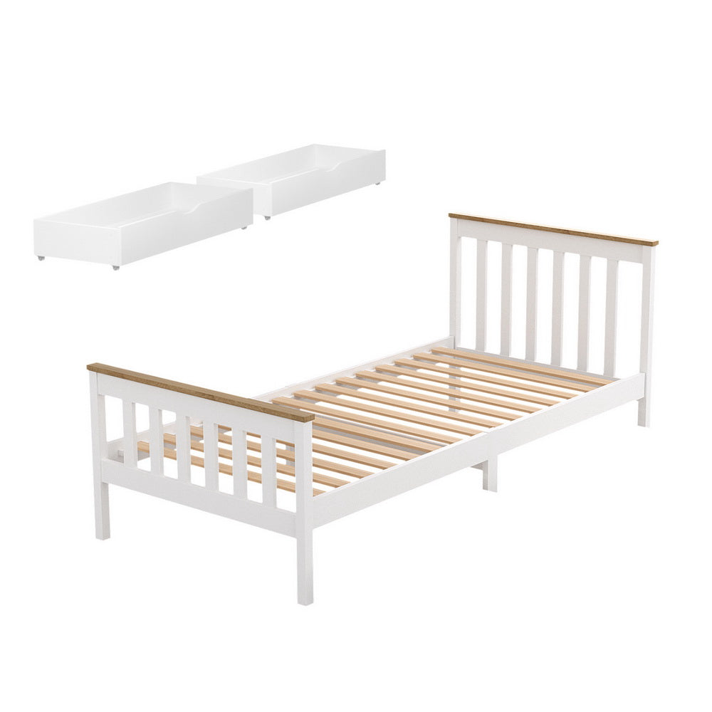 Artiss Bed Frame Single Size Wooden Platform with 2 Storage Drawers White PONY - Homecoze