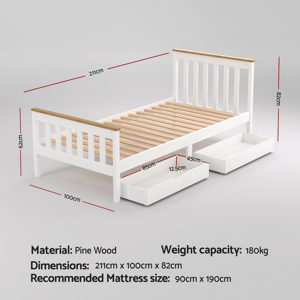 Artiss Bed Frame Single Size Wooden Platform with 2 Storage Drawers White PONY - Homecoze