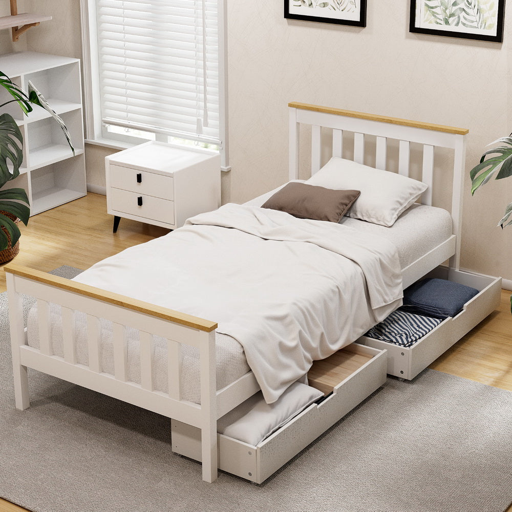 Artiss Bed Frame Single Size Wooden Platform with 2 Storage Drawers White PONY - Homecoze