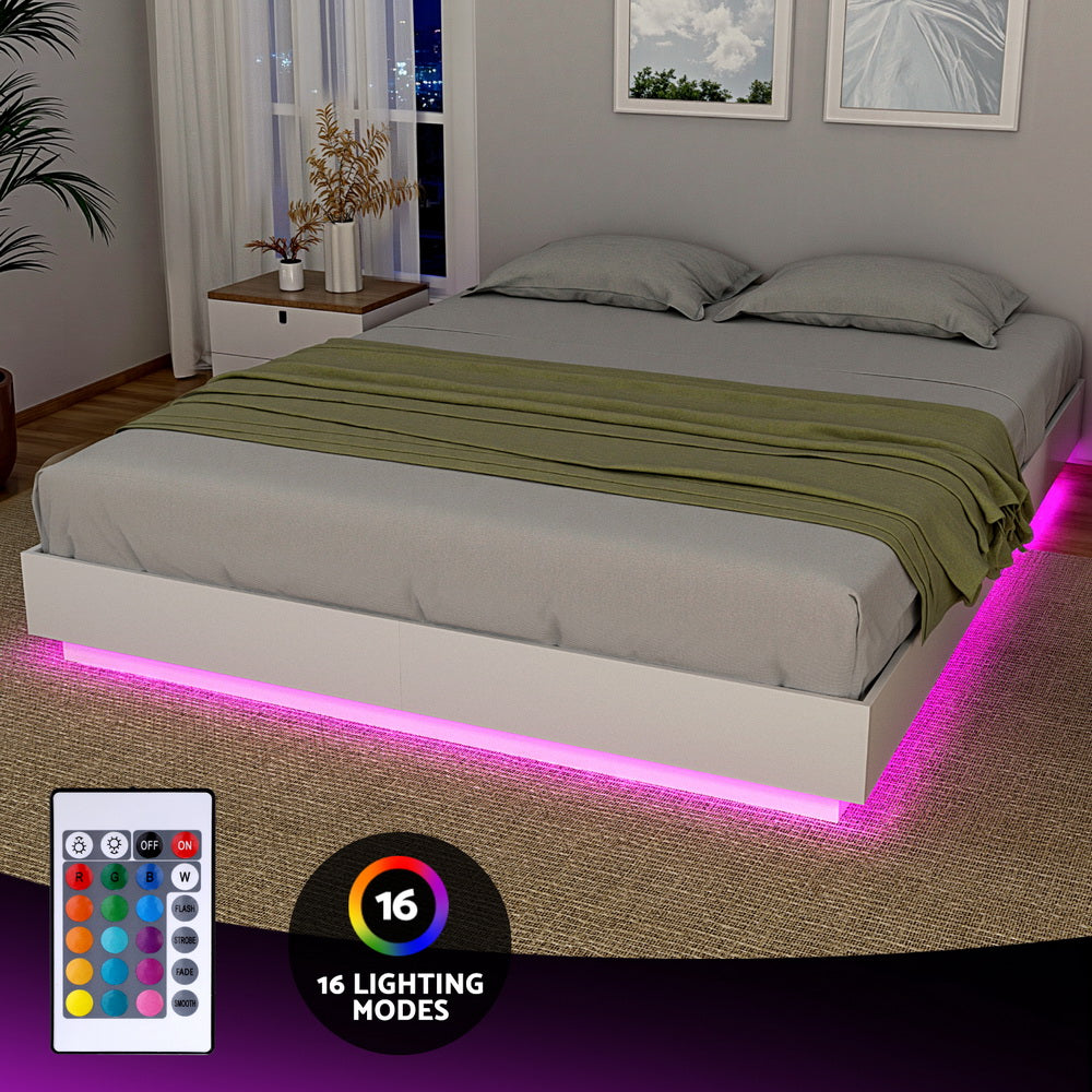 Artiss Double Bed Frame with 16Colour Led Light Wooden Platform Bed Base DAYGLOW - Homecoze