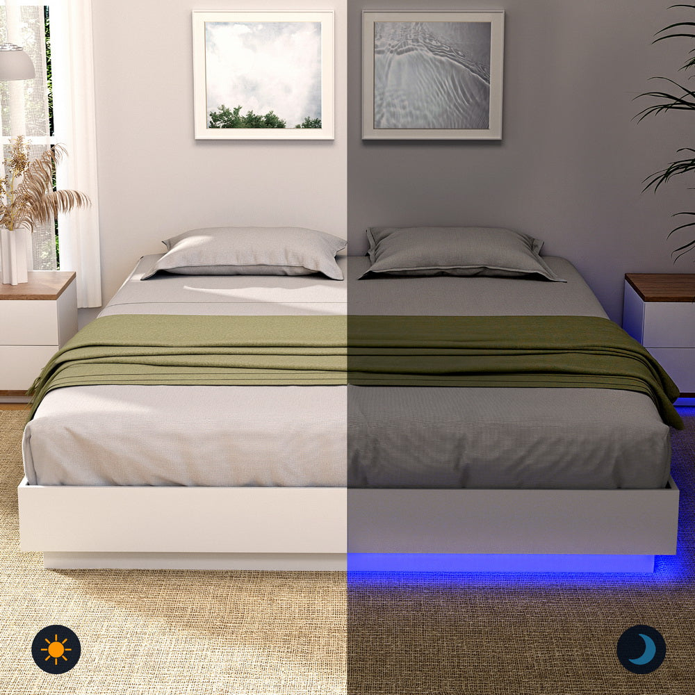 Artiss Double Bed Frame with 16Colour Led Light Wooden Platform Bed Base DAYGLOW - Homecoze