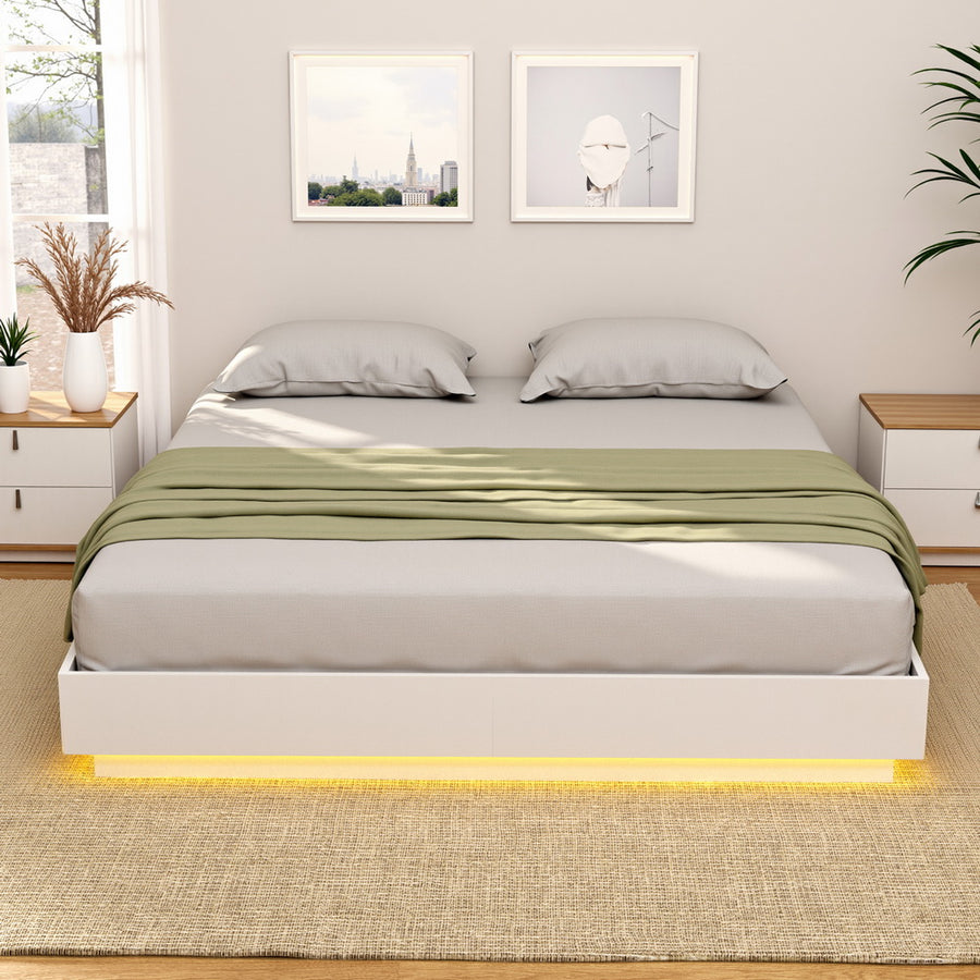 Artiss Double Bed Frame with 16Colour Led Light Wooden Platform Bed Base DAYGLOW - Homecoze