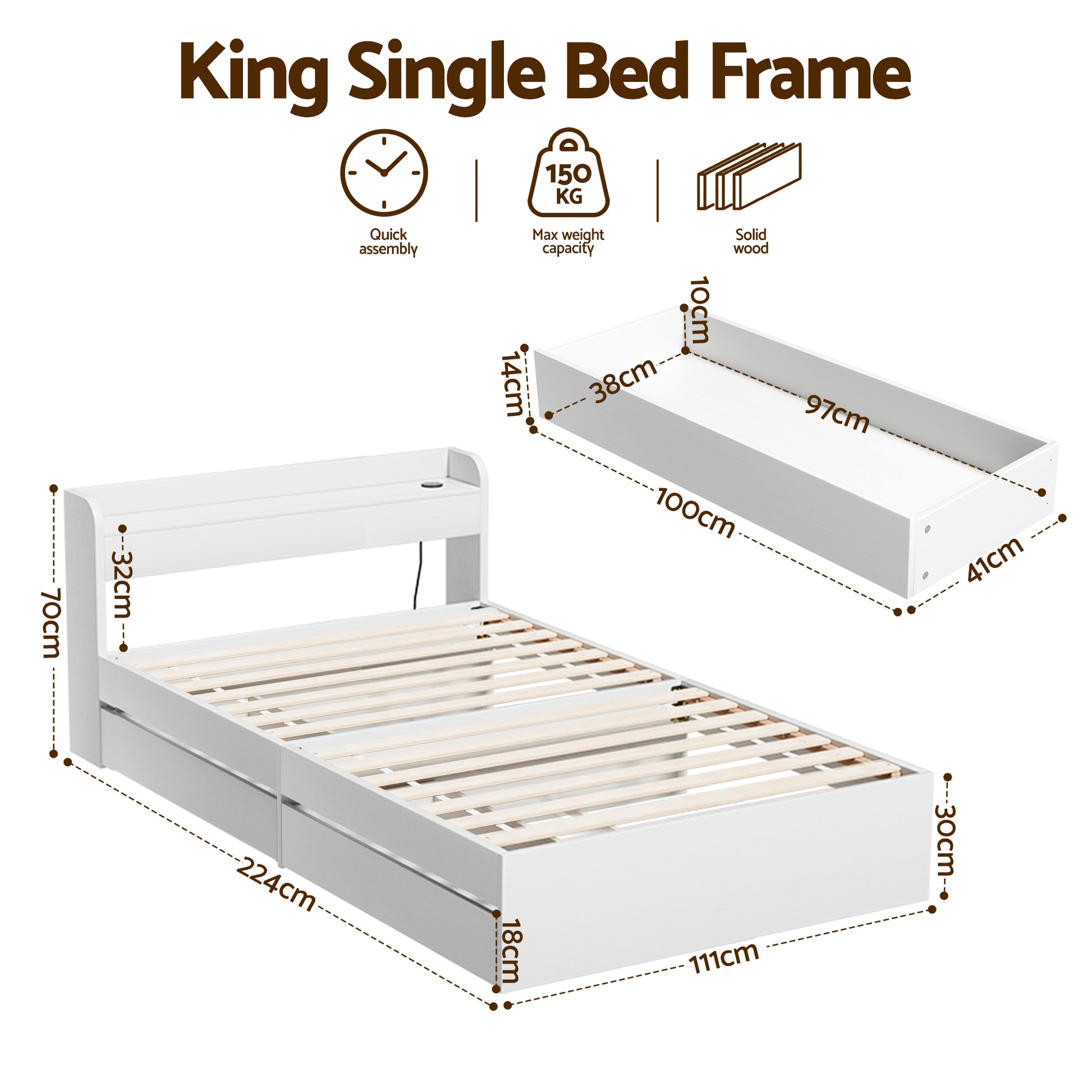 Artiss Bed Frame Single Size with Charging Ports and 2 Drawers AURA - Homecoze