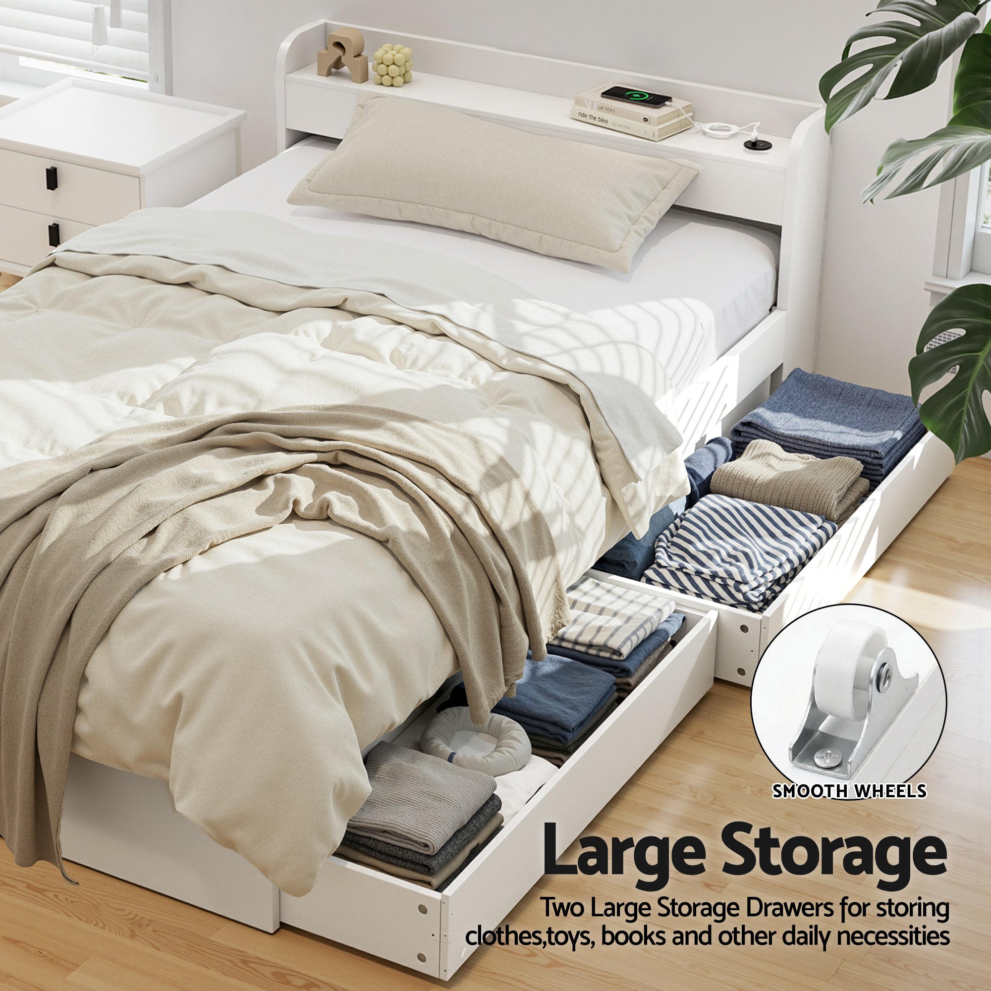 Artiss Bed Frame Single Size with Charging Ports and 2 Drawers AURA - Homecoze