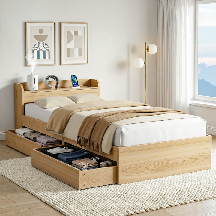 Artiss Single Bed Frame with 2 Storage Drawers Platform Bed Base with USB Ports Sturdy Wooden Slat Support Natural - Homecoze
