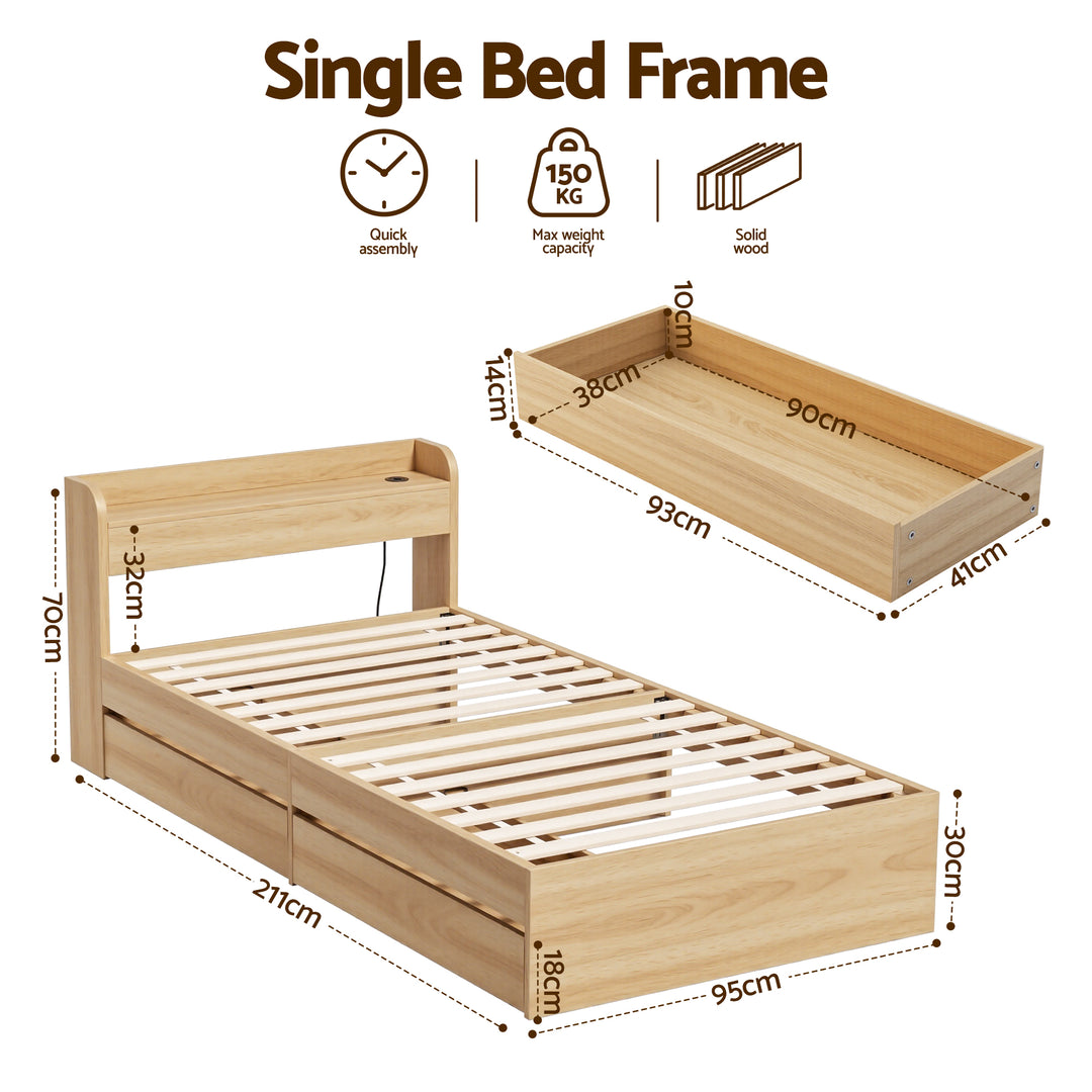 Artiss Single Bed Frame with 2 Storage Drawers Platform Bed Base with USB Ports Sturdy Wooden Slat Support Natural - Homecoze