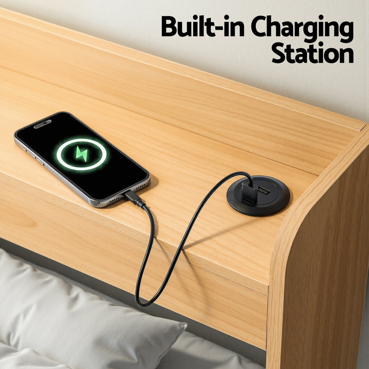 Artiss Single Bed Frame with 2 Storage Drawers Platform Bed Base with USB Ports Sturdy Wooden Slat Support Natural - Homecoze