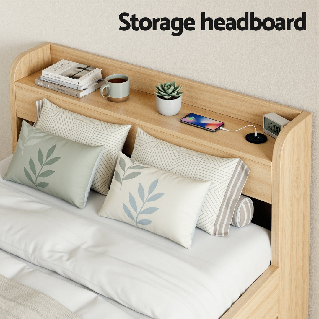 Artiss Single Bed Frame with 2 Storage Drawers Platform Bed Base with USB Ports Sturdy Wooden Slat Support Natural - Homecoze