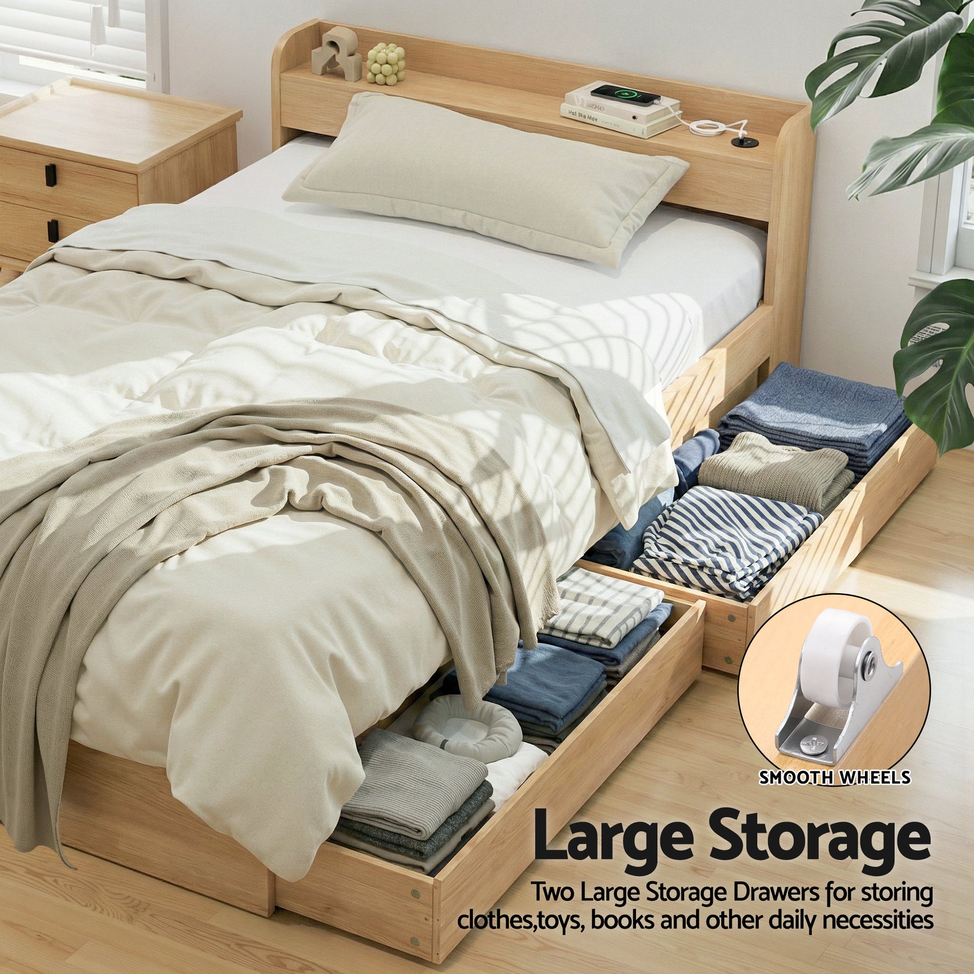 Artiss Single Bed Frame with 2 Storage Drawers Platform Bed Base with USB Ports Sturdy Wooden Slat Support Natural - Homecoze