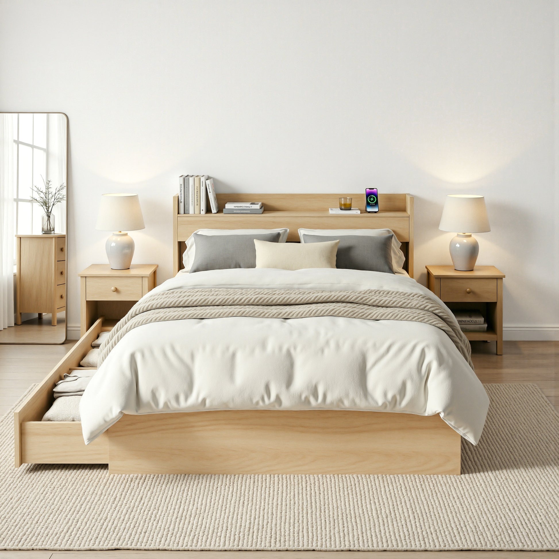 Artiss Single Bed Frame with 2 Storage Drawers Platform Bed Base with USB Ports Sturdy Wooden Slat Support Natural - Homecoze