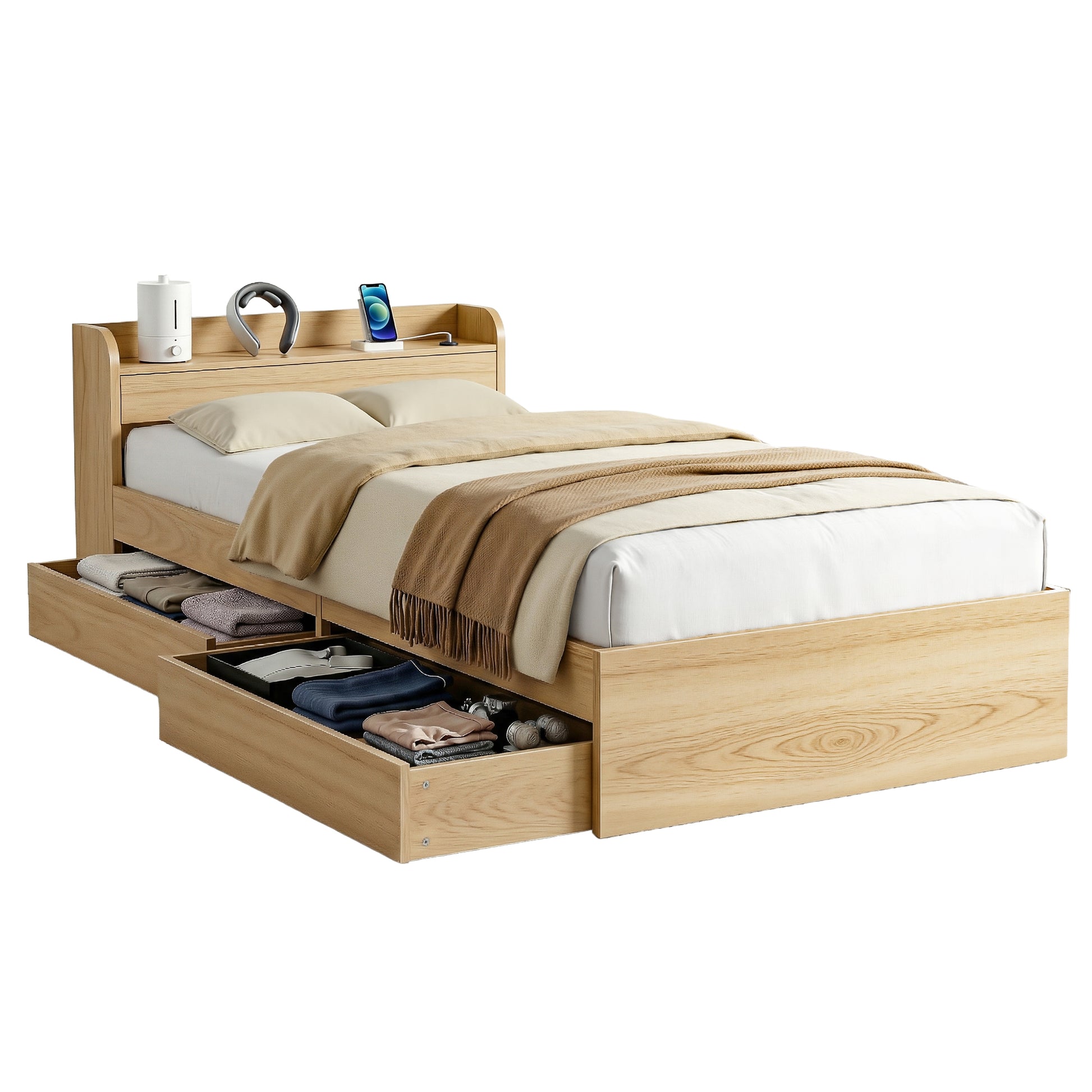 Artiss Single Bed Frame with 2 Storage Drawers Platform Bed Base with USB Ports Sturdy Wooden Slat Support Natural - Homecoze