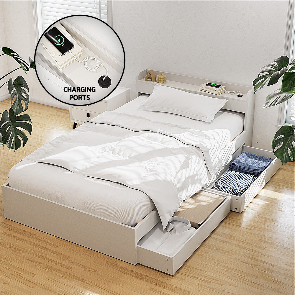 Artiss Bed Frame Single Size with Charging Ports and 2 Drawers AURA - Homecoze