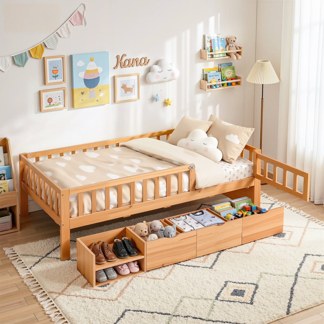 Artiss Kids Single Bed Frame with 3 Storage Drawer Montessori Bed for Toddler Natural - Homecoze