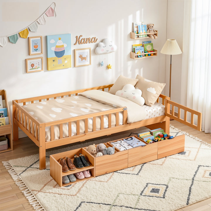 Artiss Kids Single Bed Frame with 3 Storage Drawer Montessori Bed for Toddler Natural - Homecoze