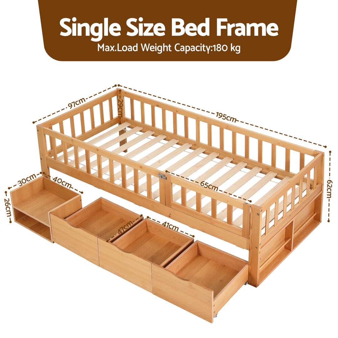 Artiss Kids Single Bed Frame with 3 Storage Drawer Montessori Bed for Toddler Natural - Homecoze