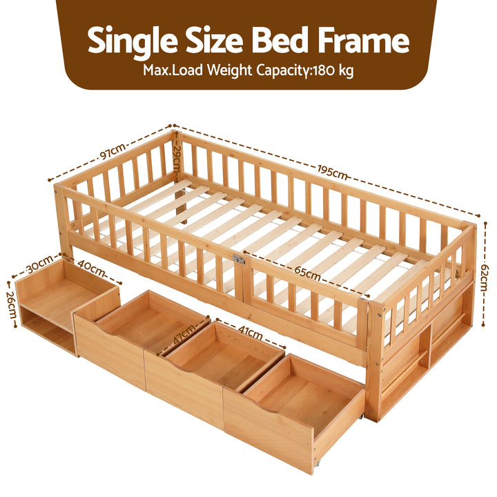 Artiss Kids Single Bed Frame with 3 Storage Drawer Montessori Bed for Toddler Natural - Homecoze
