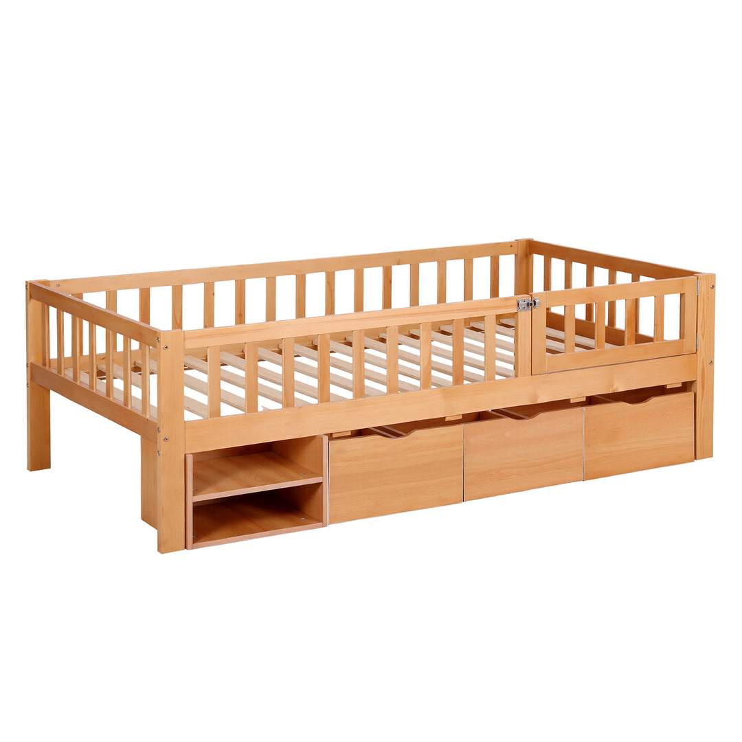 Artiss Kids Single Bed Frame with 3 Storage Drawer Montessori Bed for Toddler Natural - Homecoze