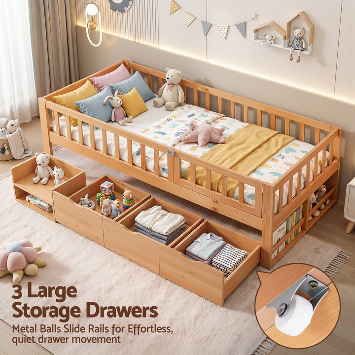 Artiss Kids Single Bed Frame with 3 Storage Drawer Montessori Bed for Toddler Natural - Homecoze
