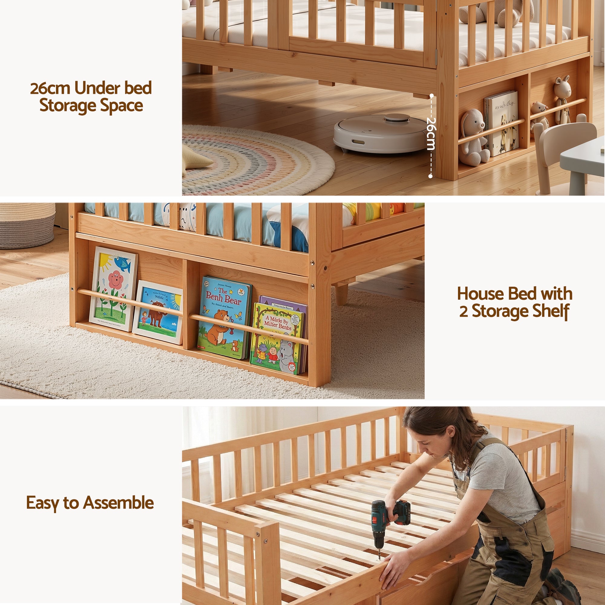Artiss Kids Single Bed Frame with 3 Storage Drawer Montessori Bed for Toddler Natural - Homecoze