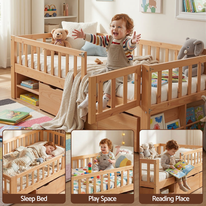 Artiss Kids Single Bed Frame with 3 Storage Drawer Montessori Bed for Toddler Natural - Homecoze