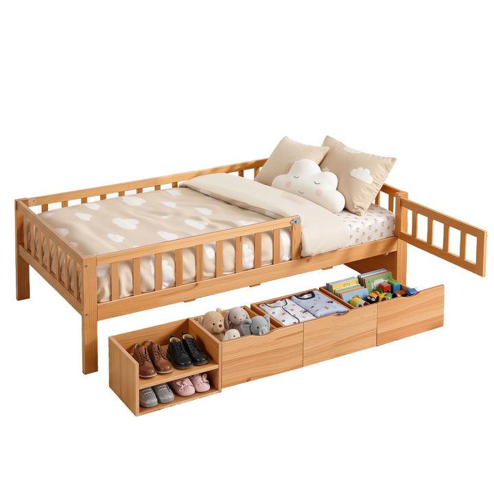 Artiss Kids Single Bed Frame with 3 Storage Drawer Montessori Bed for Toddler Natural - Homecoze