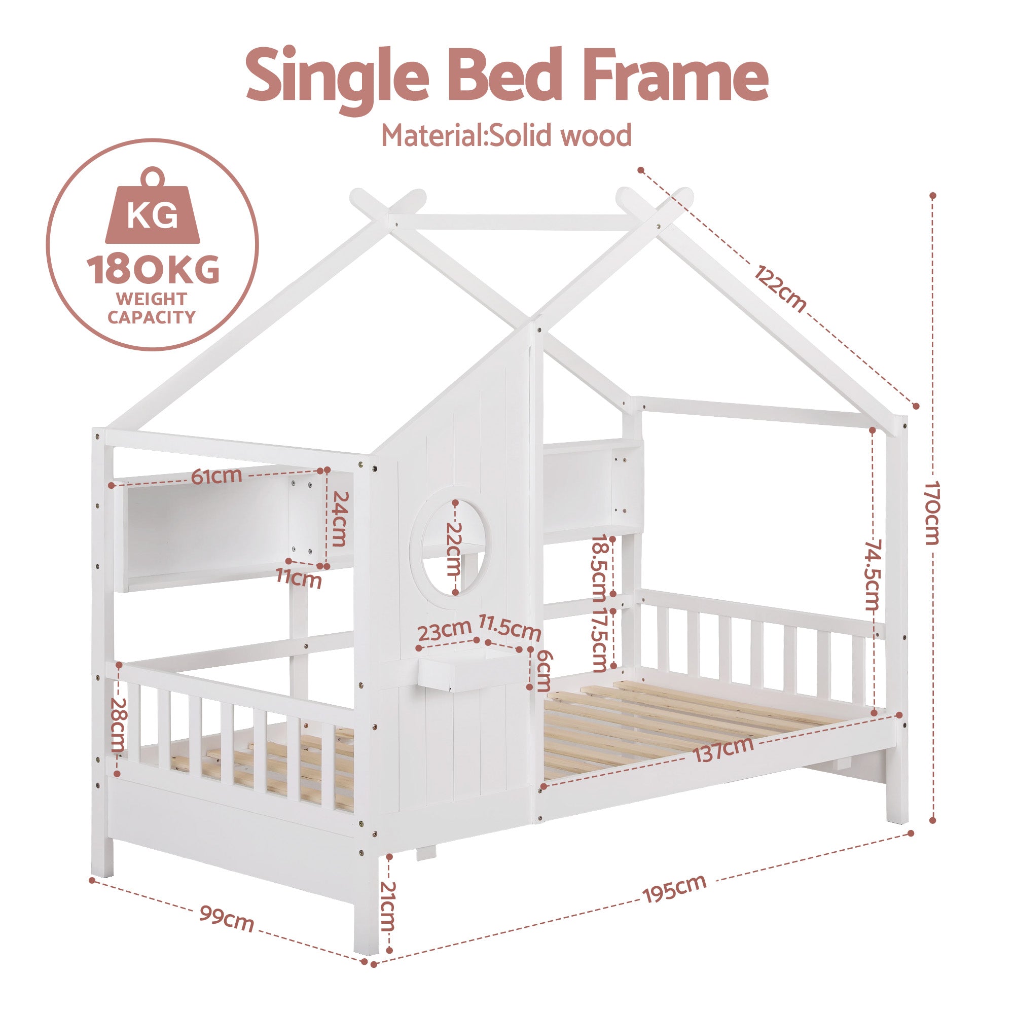 Artiss Kids Single Bed Frame House Bed Solid Wood Montessori Bed for Toddler White - Homecoze