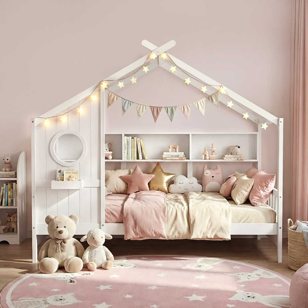 Artiss Kids Single Bed Frame House Bed Solid Wood Montessori Bed for Toddler White - Homecoze