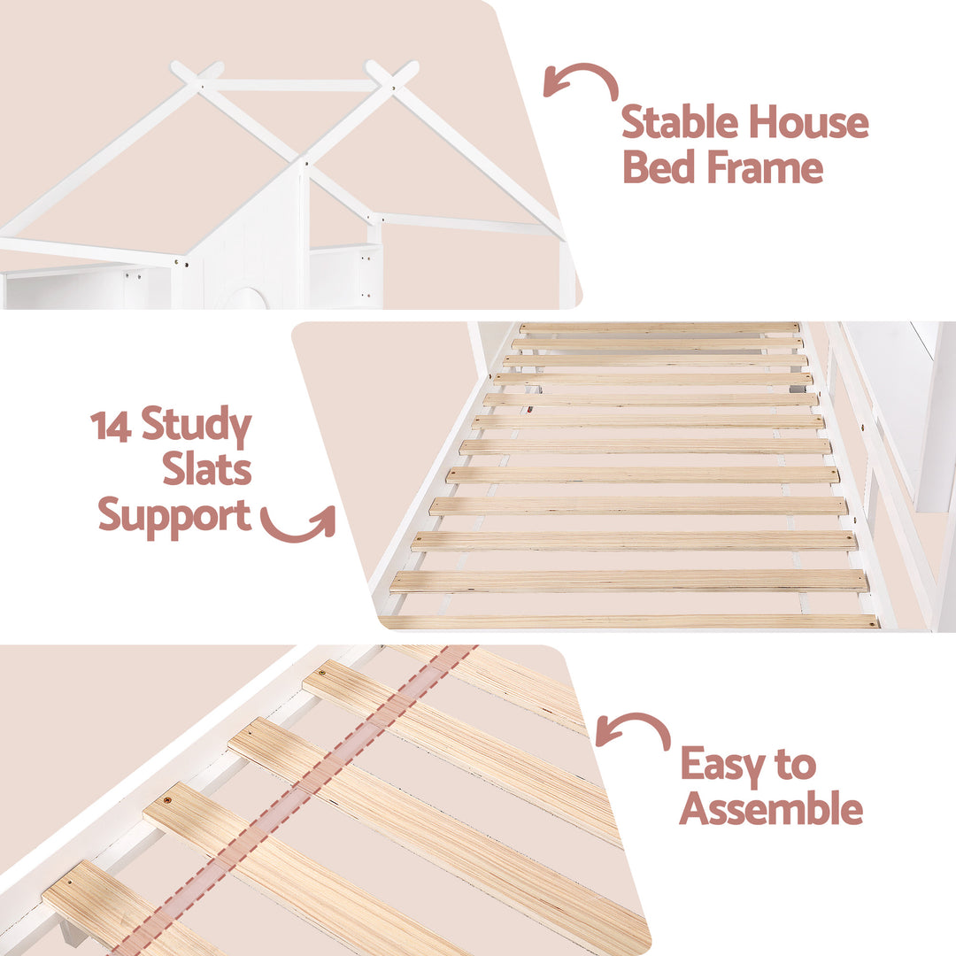 Artiss Kids Single Bed Frame House Bed Solid Wood Montessori Bed for Toddler White - Homecoze