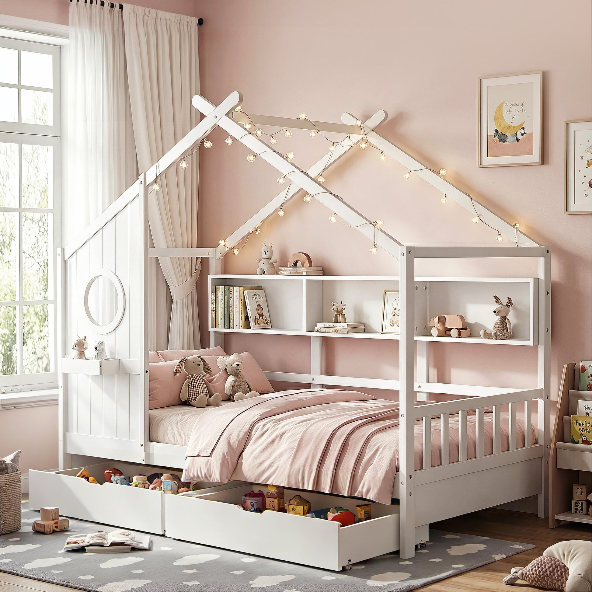 Artiss Kids Single Bed Frame with 3 Storage Bookcase & 2 Drawers House Bed Solid Wood Montessori Bed Easy Assembly White - Homecoze