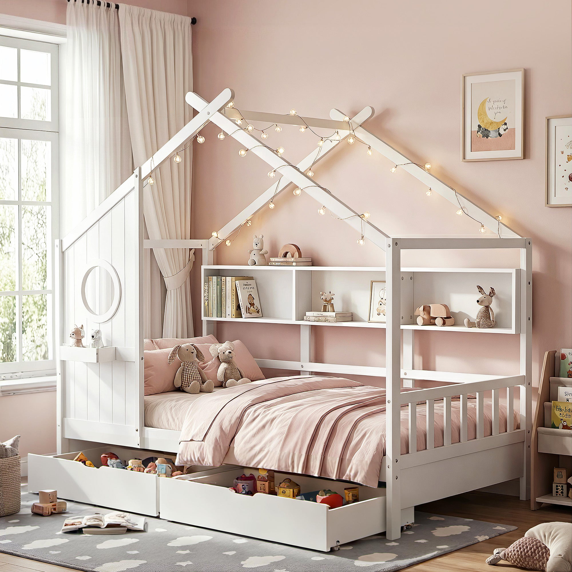 Artiss Kids Single Bed Frame with 3 Storage Bookcase & 2 Drawers House Bed Solid Wood Montessori Bed Easy Assembly White - Homecoze
