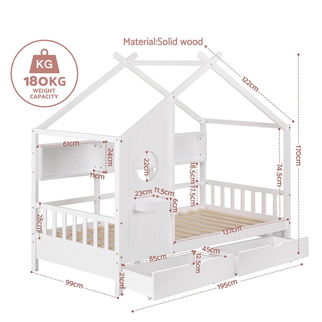 Artiss Kids Single Bed Frame with 3 Storage Bookcase & 2 Drawers House Bed Solid Wood Montessori Bed Easy Assembly White - Homecoze