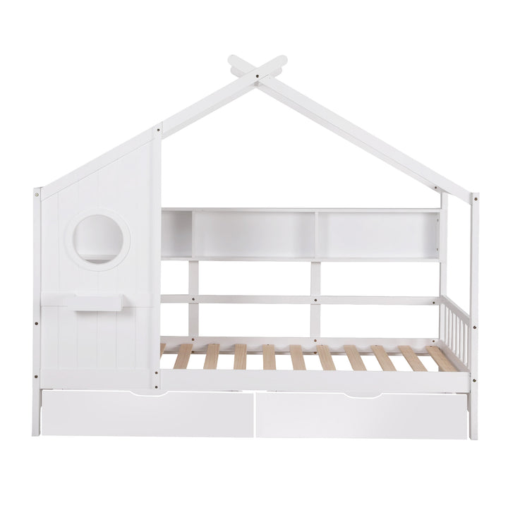 Artiss Kids Single Bed Frame with 3 Storage Bookcase & 2 Drawers House Bed Solid Wood Montessori Bed Easy Assembly White - Homecoze