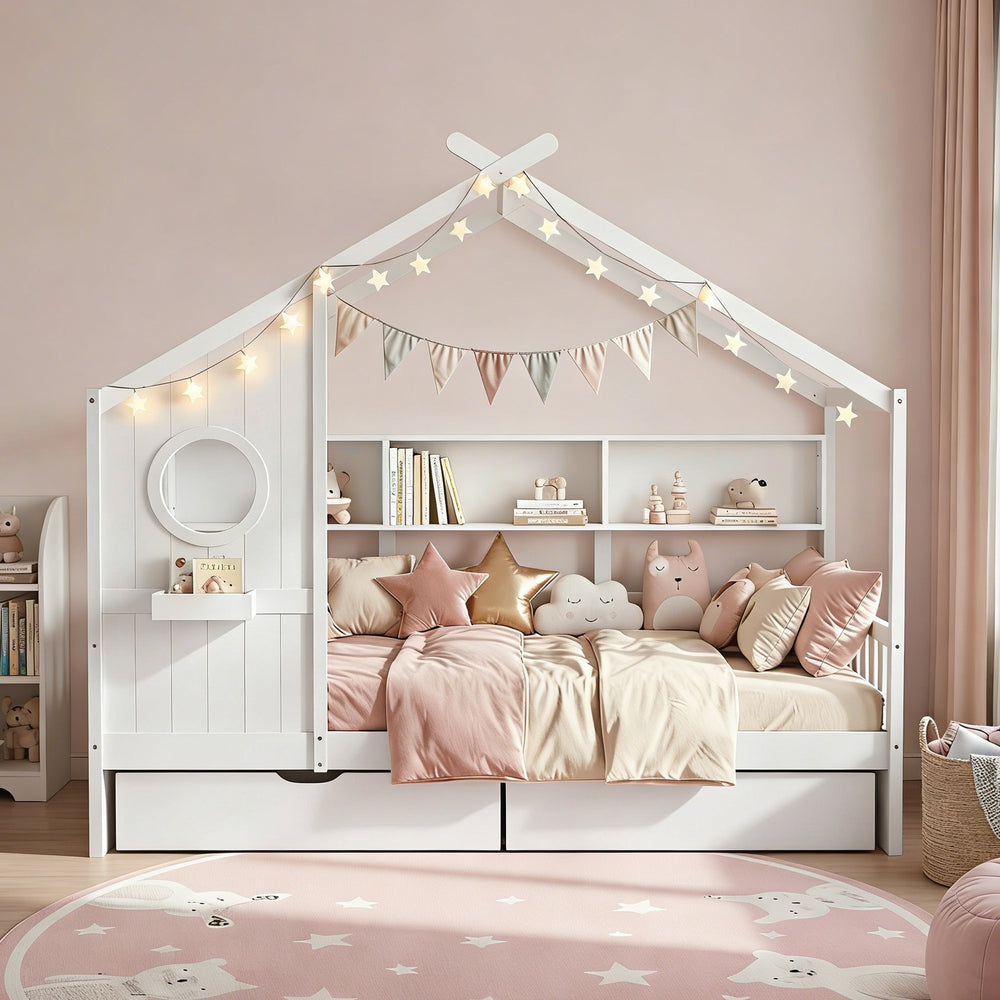 Artiss Kids Single Bed Frame with 3 Storage Bookcase & 2 Drawers House Bed Solid Wood Montessori Bed Easy Assembly White - Homecoze