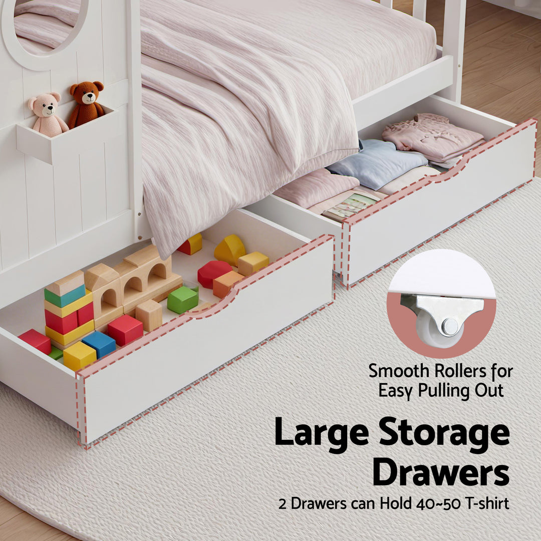Artiss Kids Single Bed Frame with 3 Storage Bookcase & 2 Drawers House Bed Solid Wood Montessori Bed Easy Assembly White - Homecoze